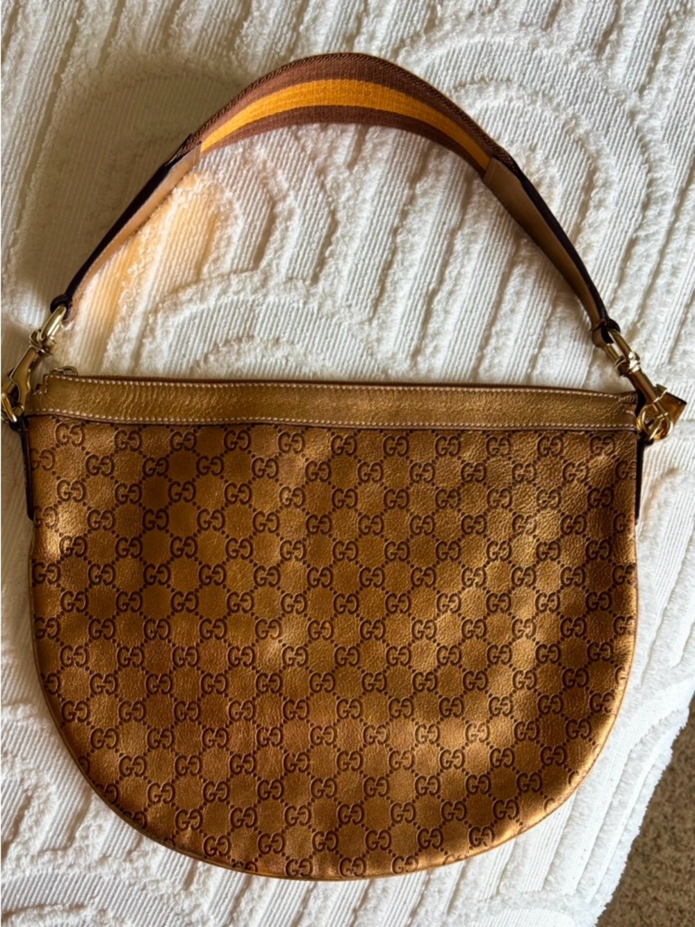 Gucci Metallic Gold Shoulder Bag with Canvas Strap - Picture 2 of 12